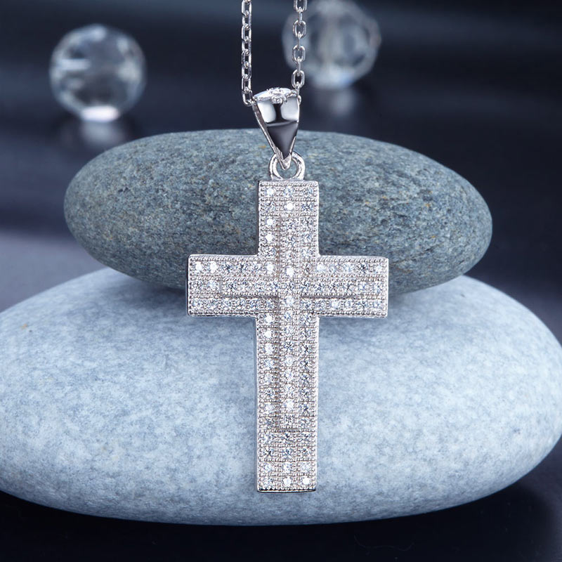 Micro Setting Cubic Zirconia 925 Sterling Silver Cross Pendant Necklace XFN8039-4