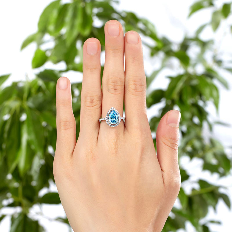 Sterling 925 Silver Wedding Engagement Ring Pear Blue Created Diamond Jewelry XFR8202-1