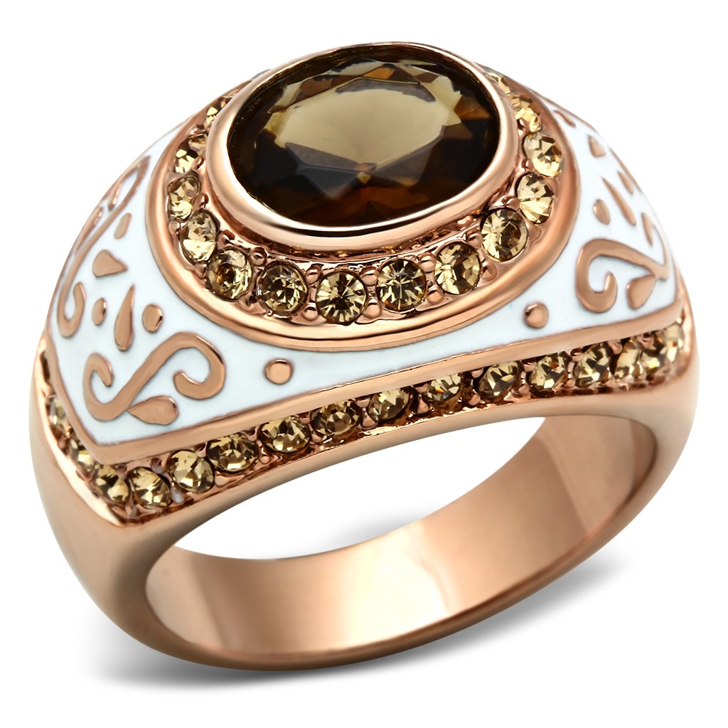 GL203 - IP Rose Gold(Ion Plating) Brass Ring with Synthetic Synthetic Glass in Brown-0