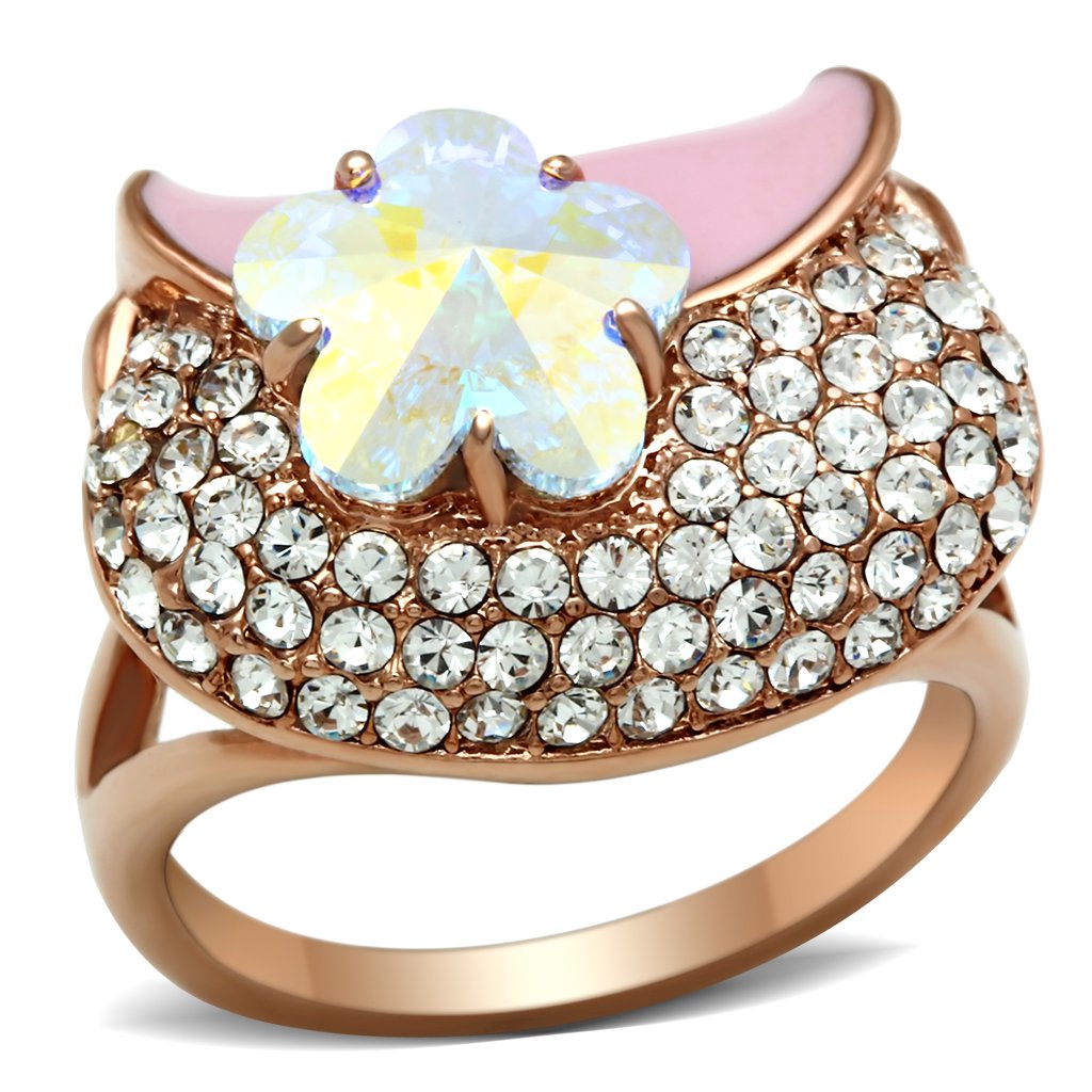 GL220 - IP Rose Gold(Ion Plating) Brass Ring with Top Grade Crystal  in Clear-0
