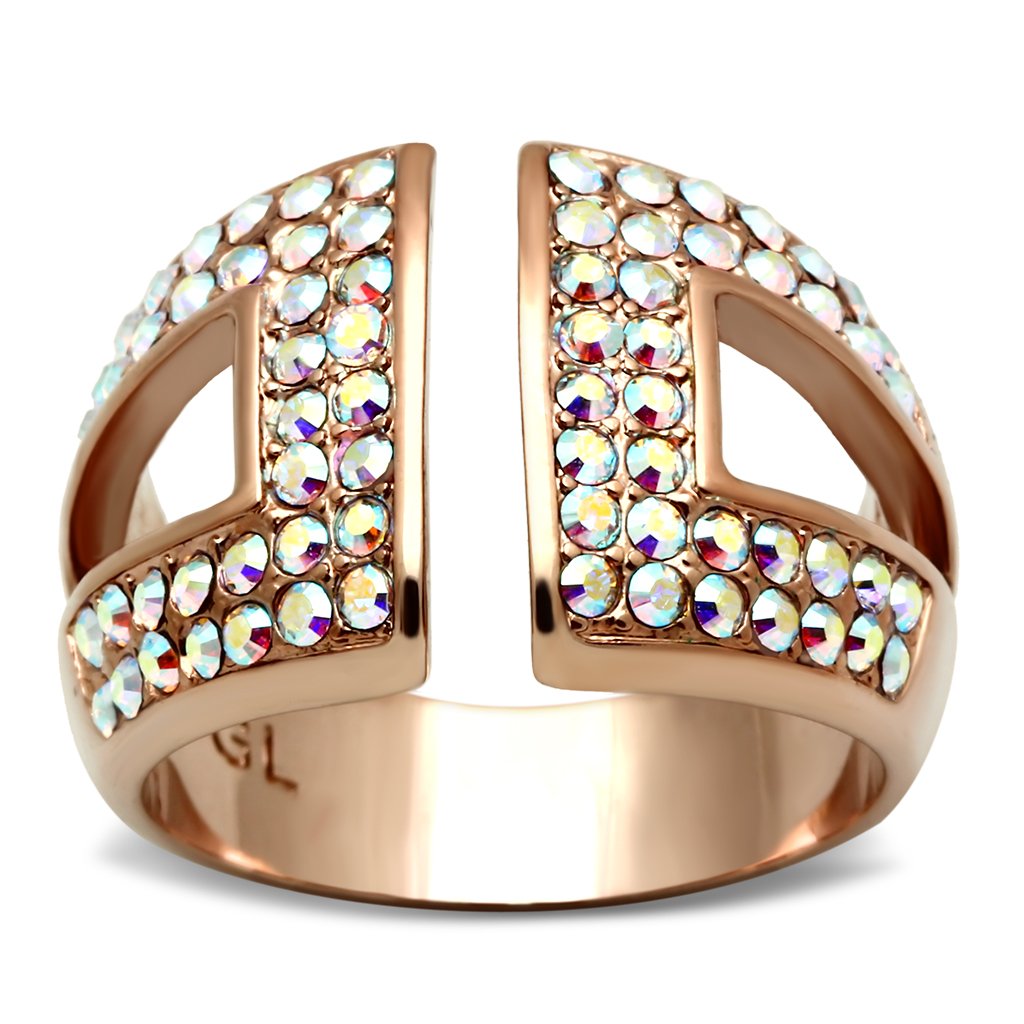 GL222 - IP Rose Gold(Ion Plating) Brass Ring with Top Grade Crystal  in Aurora Borealis (Rainbow Effect)-0