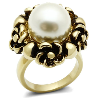 GL308 - IP Gold(Ion Plating) Brass Ring with Synthetic Pearl in White-0