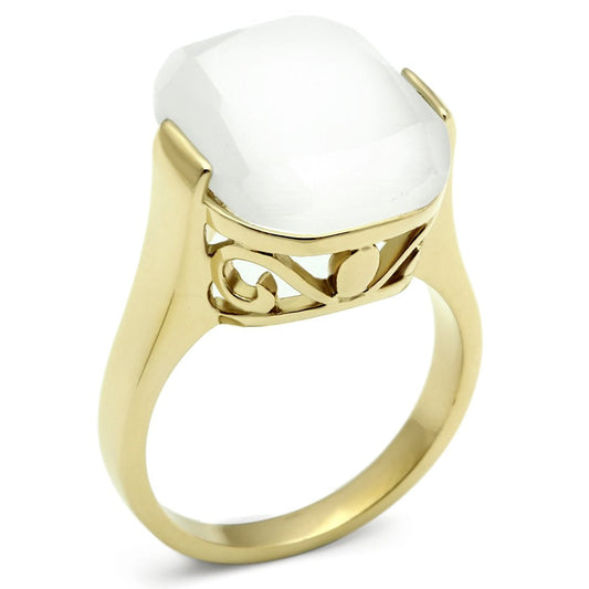GL309 - IP Gold(Ion Plating) Brass Ring with Synthetic Cat Eye in White-0