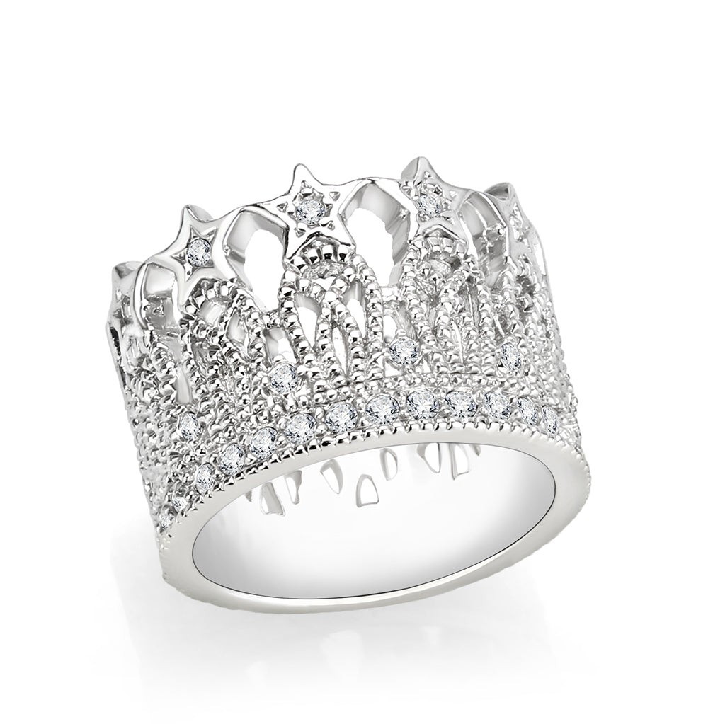 J6585 - Brass Ring  Synthetic Glass  Clear Rhodium Plated-0