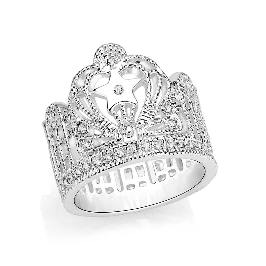 J7621 - Brass Ring  Synthetic Glass  Clear Rhodium Plated-0