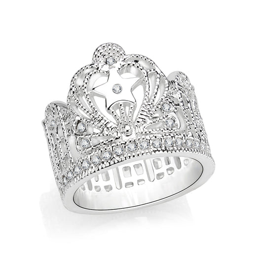 J7621 - Brass Ring  Synthetic Glass  Clear Rhodium Plated-0