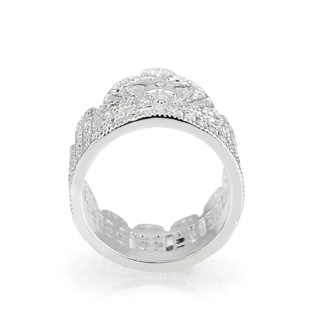 J7621 - Brass Ring  Synthetic Glass  Clear Rhodium Plated-2