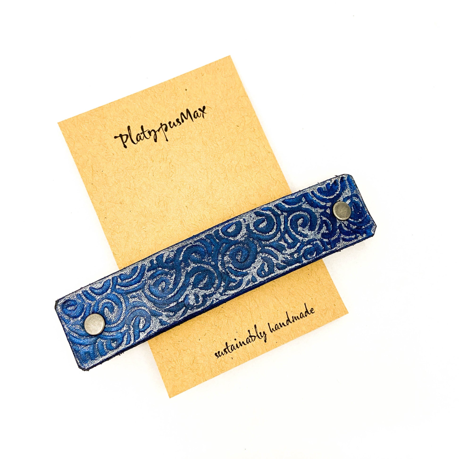 Blue & Silver Ocean Waves / Spirals Eco-Friendly Leather Hair Clip / Barrette-0