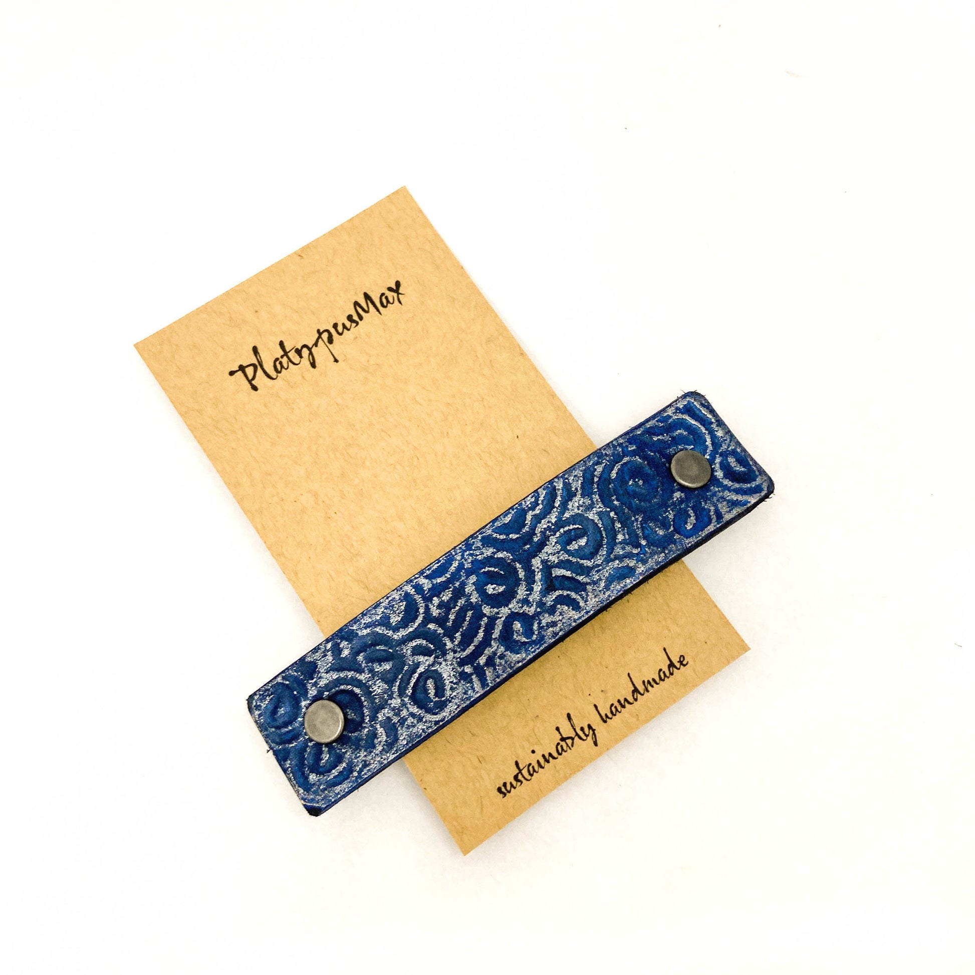 Blue & Silver Ocean Waves / Spirals Eco-Friendly Leather Hair Clip / Barrette-2