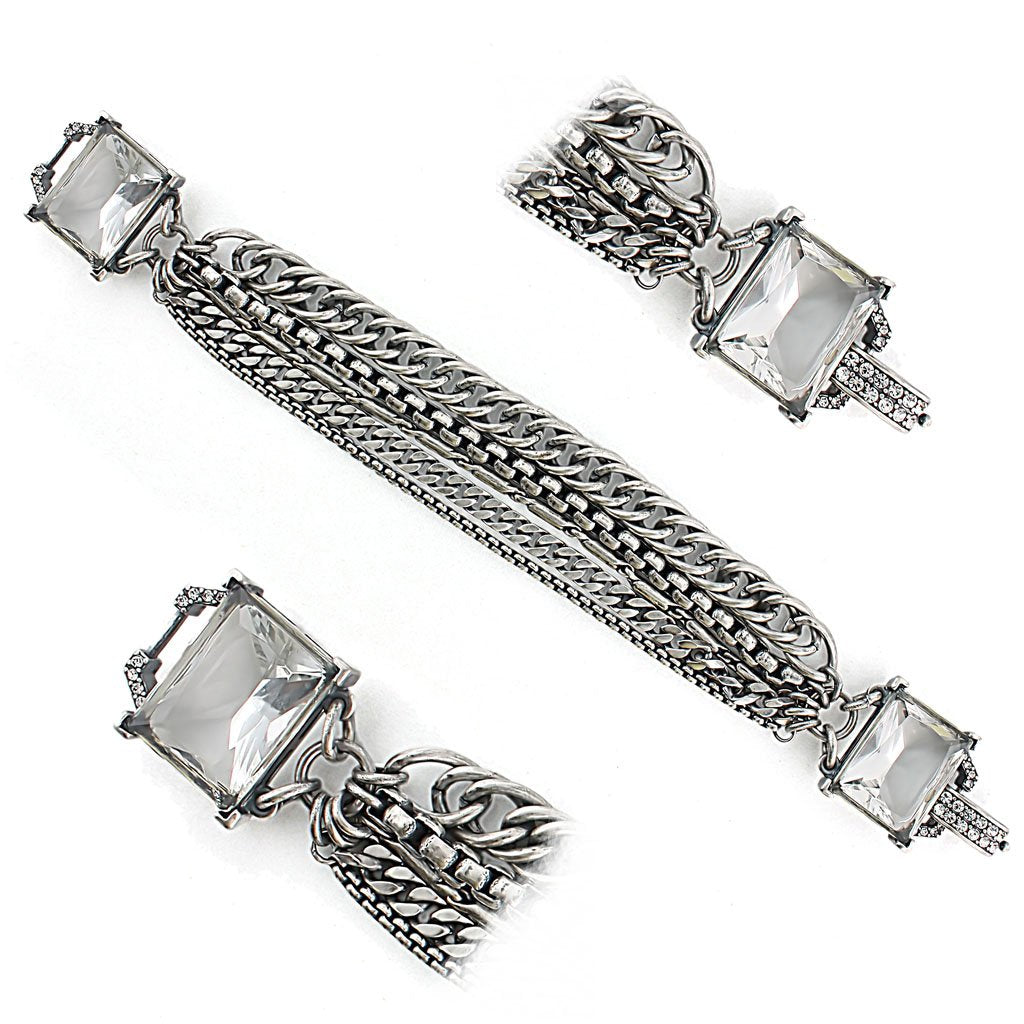 LO1276 - Antique Silver Brass Bracelet with Synthetic Synthetic Glass in Clear-0