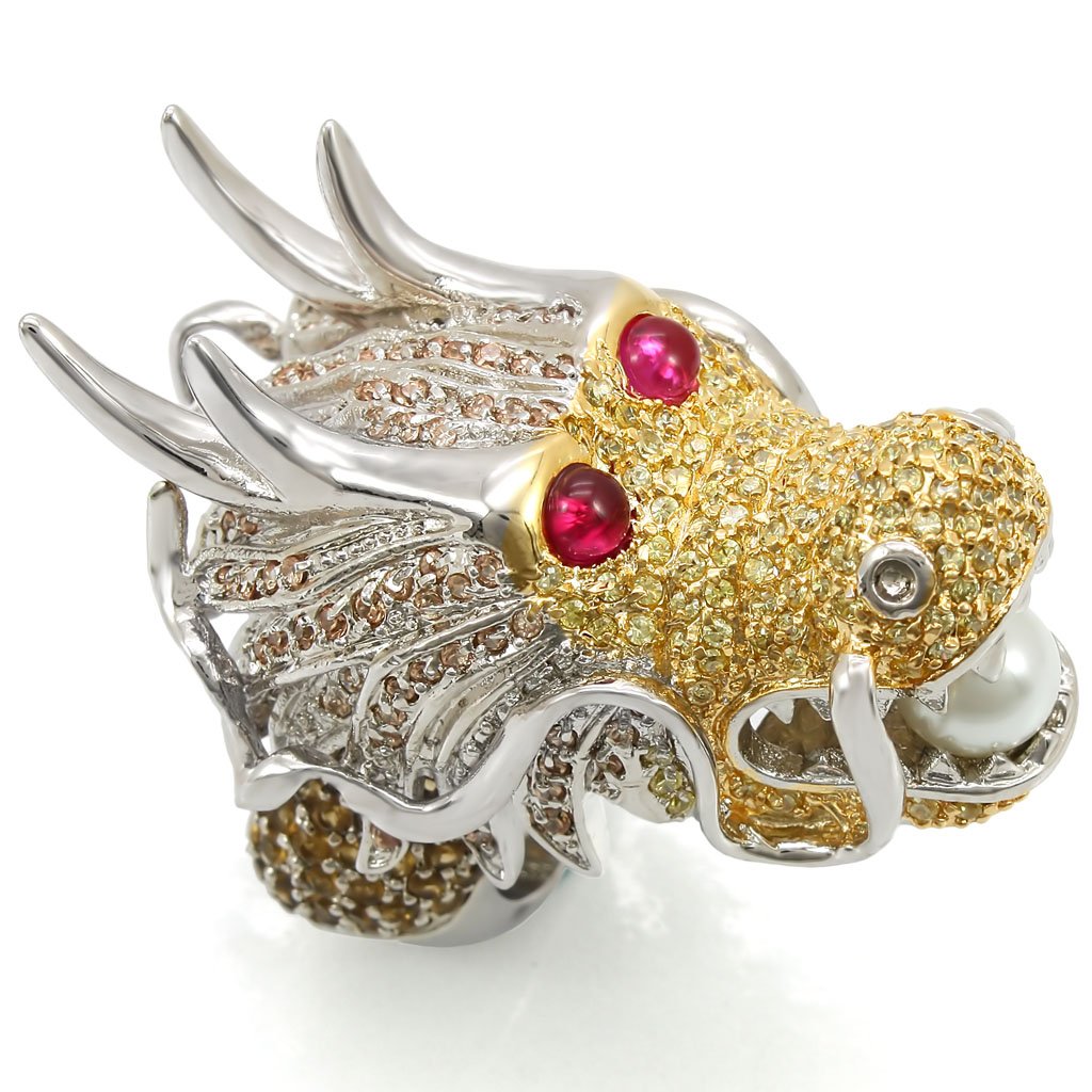 LO1353 - Reverse Two-Tone Brass Ring with Synthetic Glass Bead in White-0