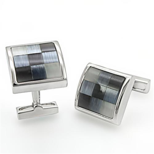 LO1371 - Rhodium Brass Cufflink with Semi-Precious Cat Eye in Multi Color-0