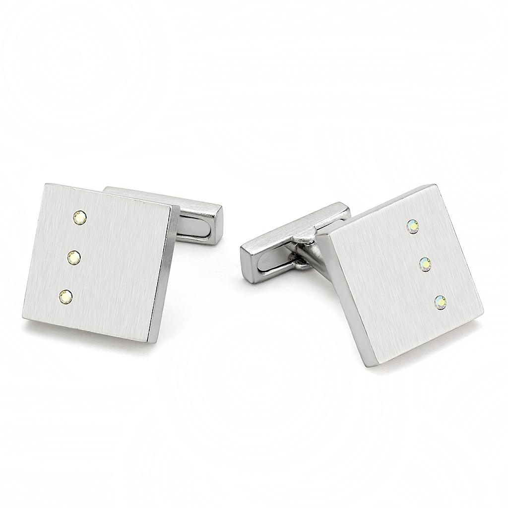 LO1381 - Rhodium Brass Cufflink with Top Grade Crystal  in Aurora Borealis (Rainbow Effect)-0