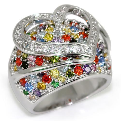 LO1510 - Rhodium Brass Ring with AAA Grade CZ  in Multi Color-0
