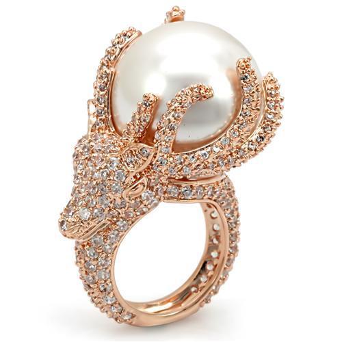 LO1533 - Rose Gold Brass Ring with Synthetic Pearl in White-0