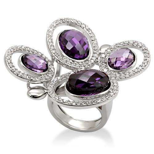 LO1557 - Rhodium Brass Ring with AAA Grade CZ  in Amethyst-0