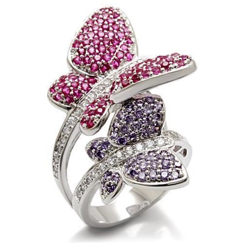 LO1601 - Rhodium Brass Ring with AAA Grade CZ  in Multi Color-0
