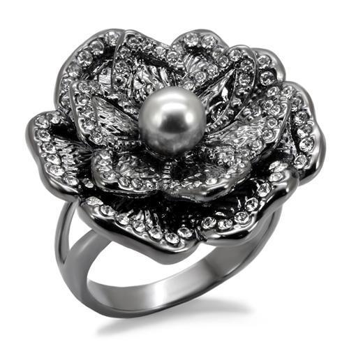 LO1681 - TIN Cobalt Black Brass Ring with Synthetic Pearl in Light Gray-0
