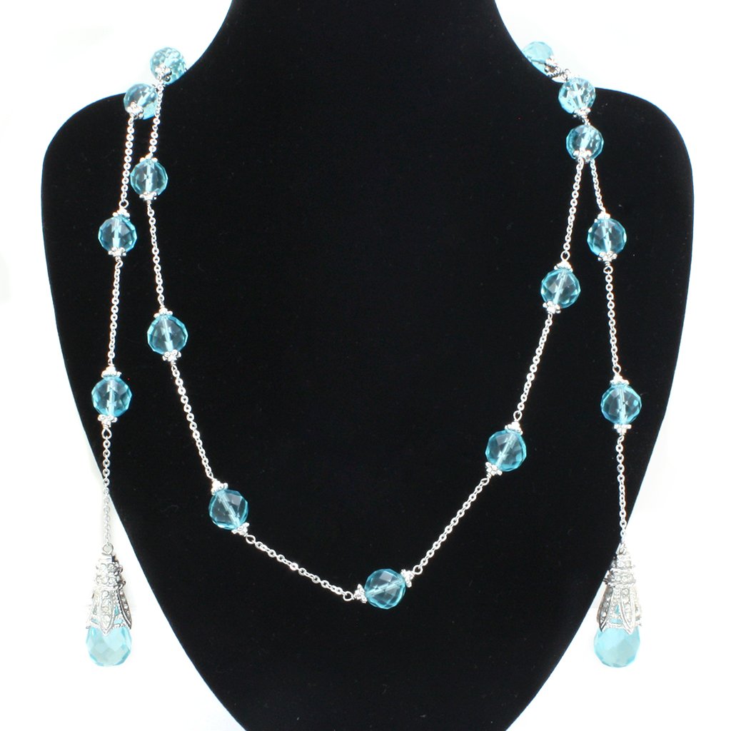 LO1714 - Rhodium White Metal Necklace with Synthetic Glass Bead in Sea Blue-0