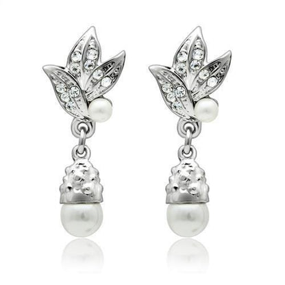 LO1992 - Rhodium White Metal Earrings with Synthetic Pearl in White-0