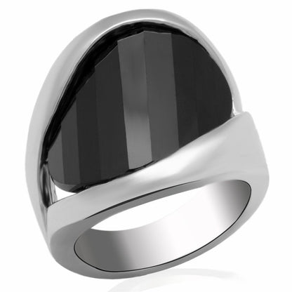 LO2063 - Rhodium Brass Ring with AAA Grade CZ  in Jet-0