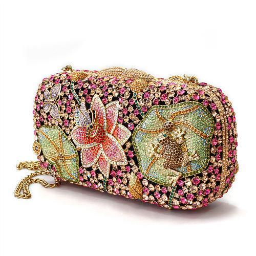 LO2375 - Ancientry Gold White Metal Clutch with Top Grade Crystal  in Multi Color-1