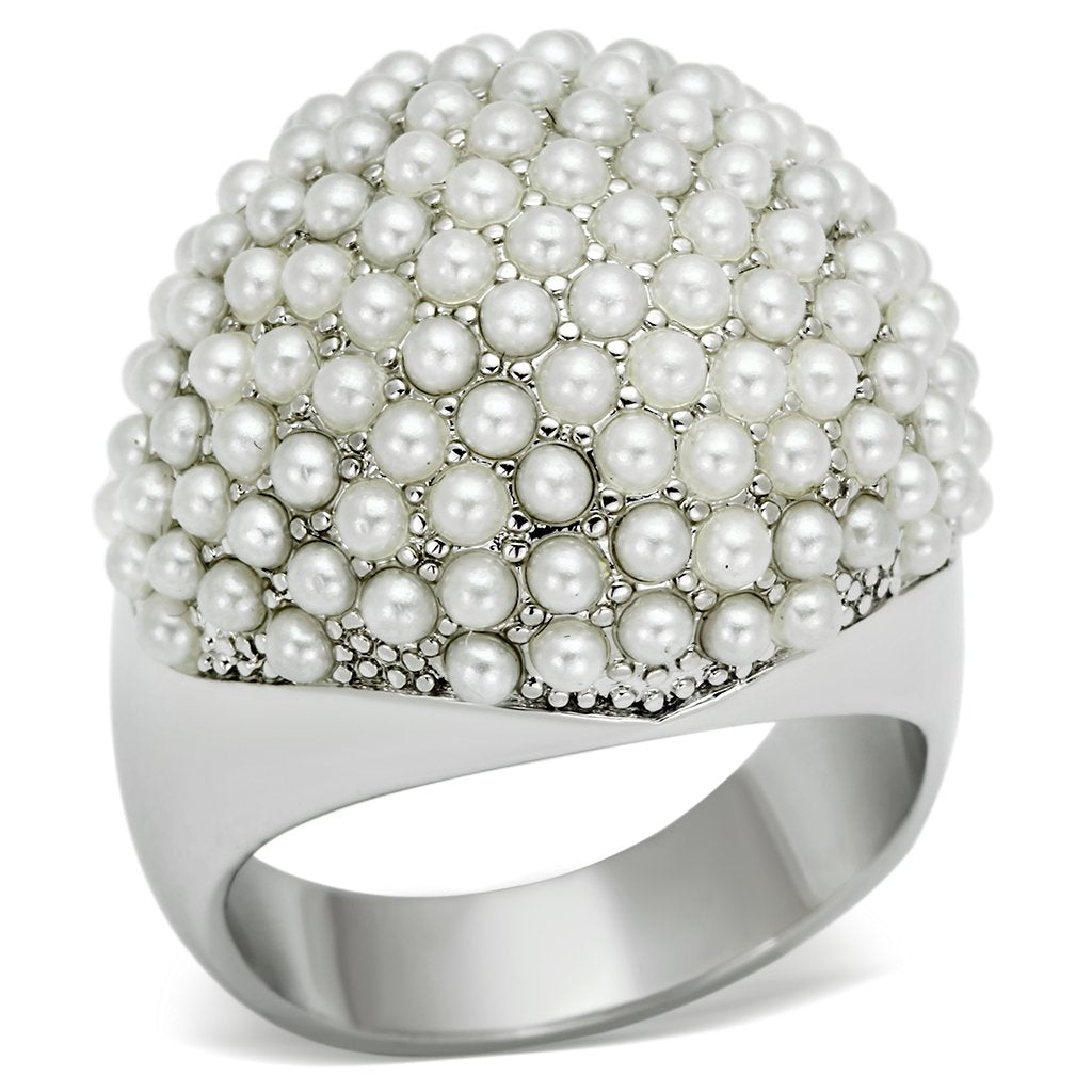 LO2433 - Rhodium Brass Ring with Synthetic Pearl in White-0