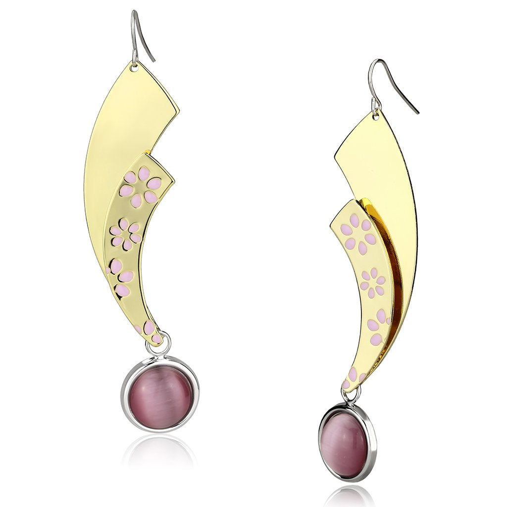 LO2731 - Gold+Rhodium Iron Earrings with Synthetic Cat Eye in Rose-0