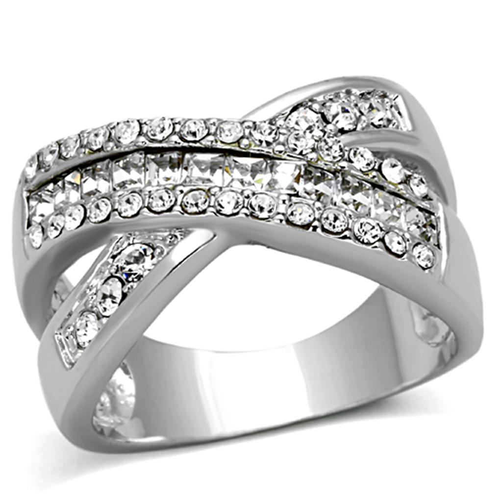 LO2942 - Rhodium Brass Ring with Top Grade Crystal  in Clear-0