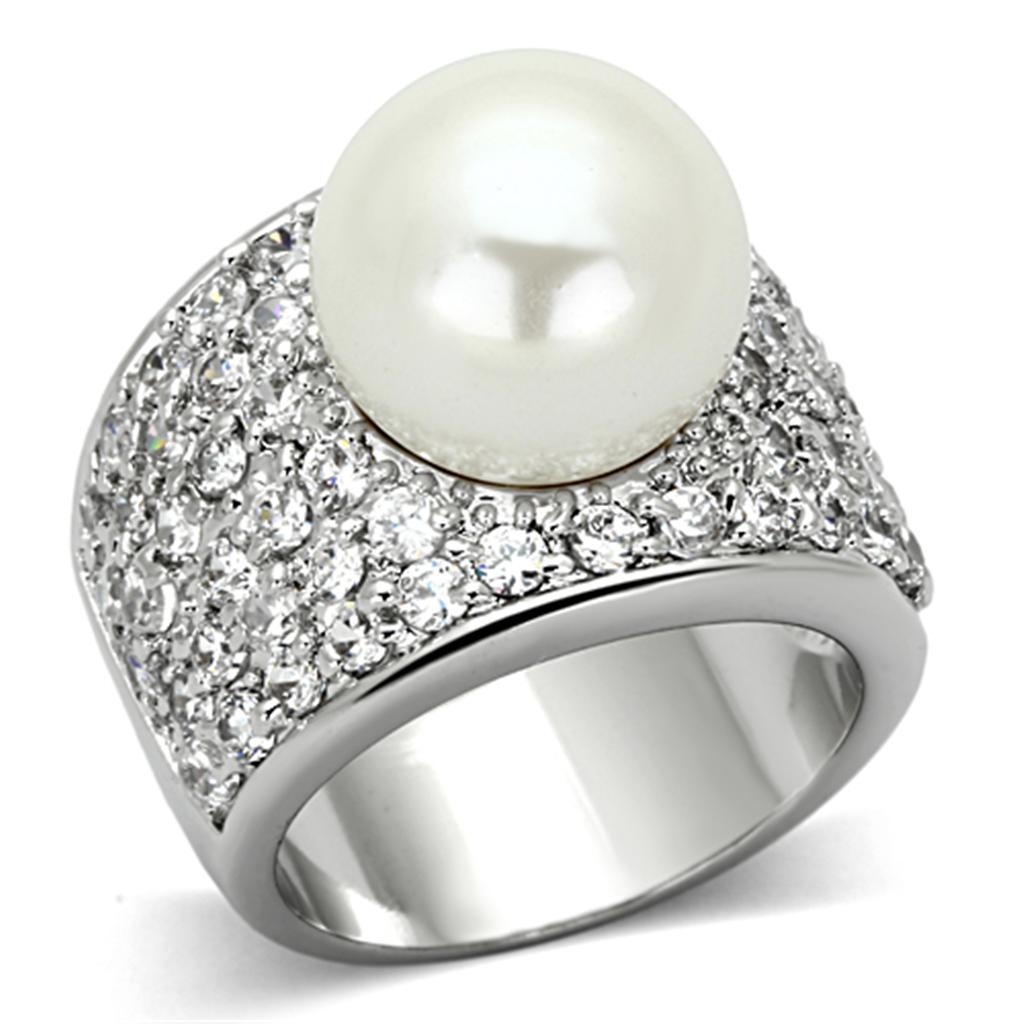 LO2951 - Rhodium Brass Ring with Synthetic Pearl in White-0