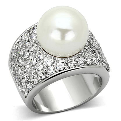 LO2951 - Rhodium Brass Ring with Synthetic Pearl in White-0