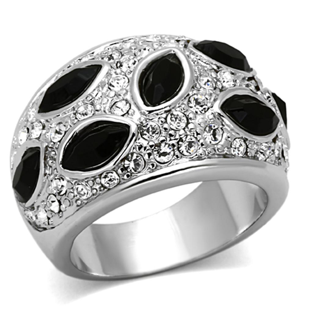 LO2957 - Rhodium Brass Ring with Synthetic Cat Eye in Jet-0