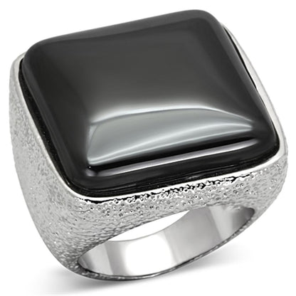 LO3045 - Rhodium Brass Ring with Semi-Precious Agate in Jet-0
