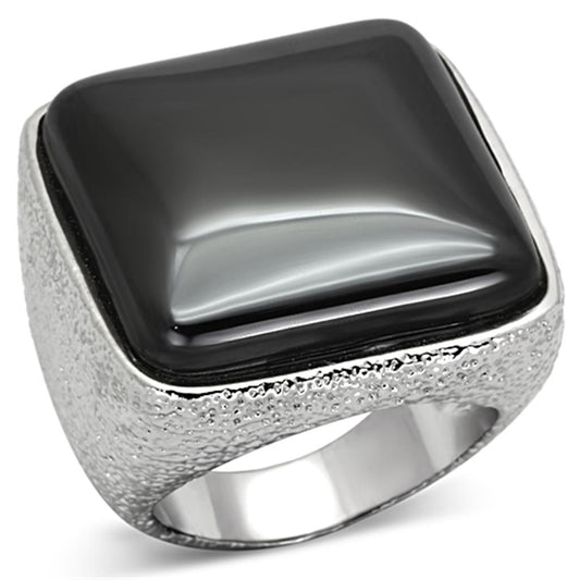 LO3045 - Rhodium Brass Ring with Semi-Precious Agate in Jet-0