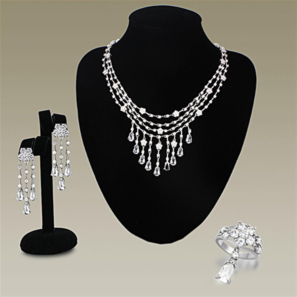LO3076 - Rhodium Brass Jewelry Sets with AAA Grade CZ  in Clear-0