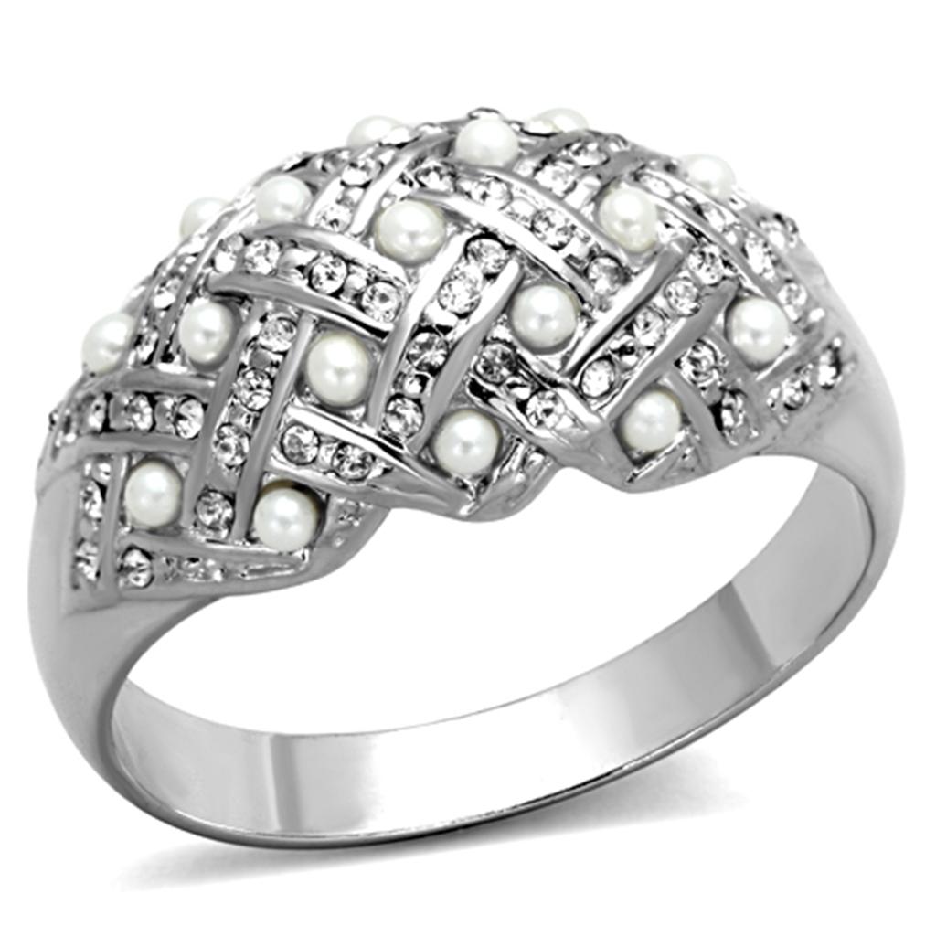 LO3183 - Rhodium Brass Ring with Synthetic Pearl in White-0
