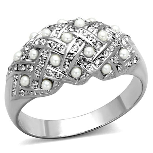 LO3183 - Rhodium Brass Ring with Synthetic Pearl in White-0
