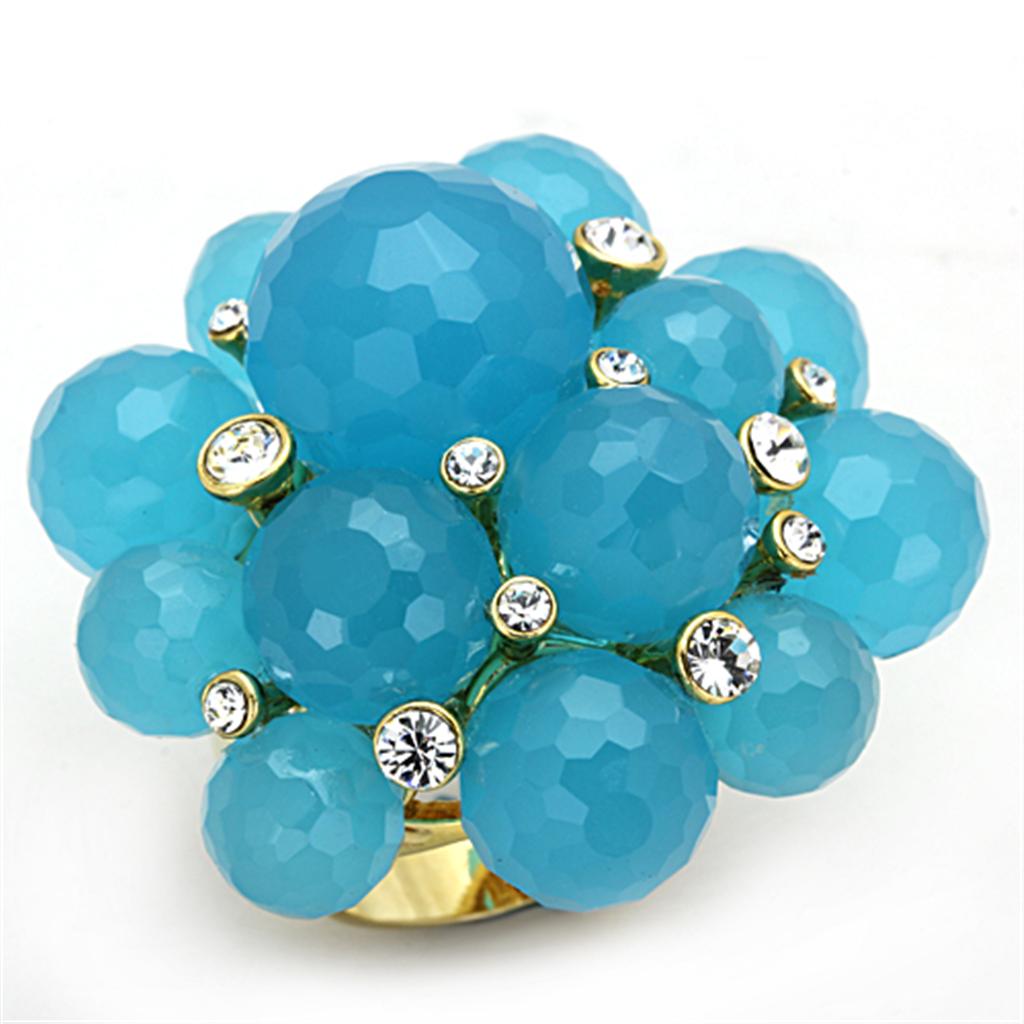 LO3212 - Gold Brass Ring with Synthetic Synthetic Glass in Sea Blue-0