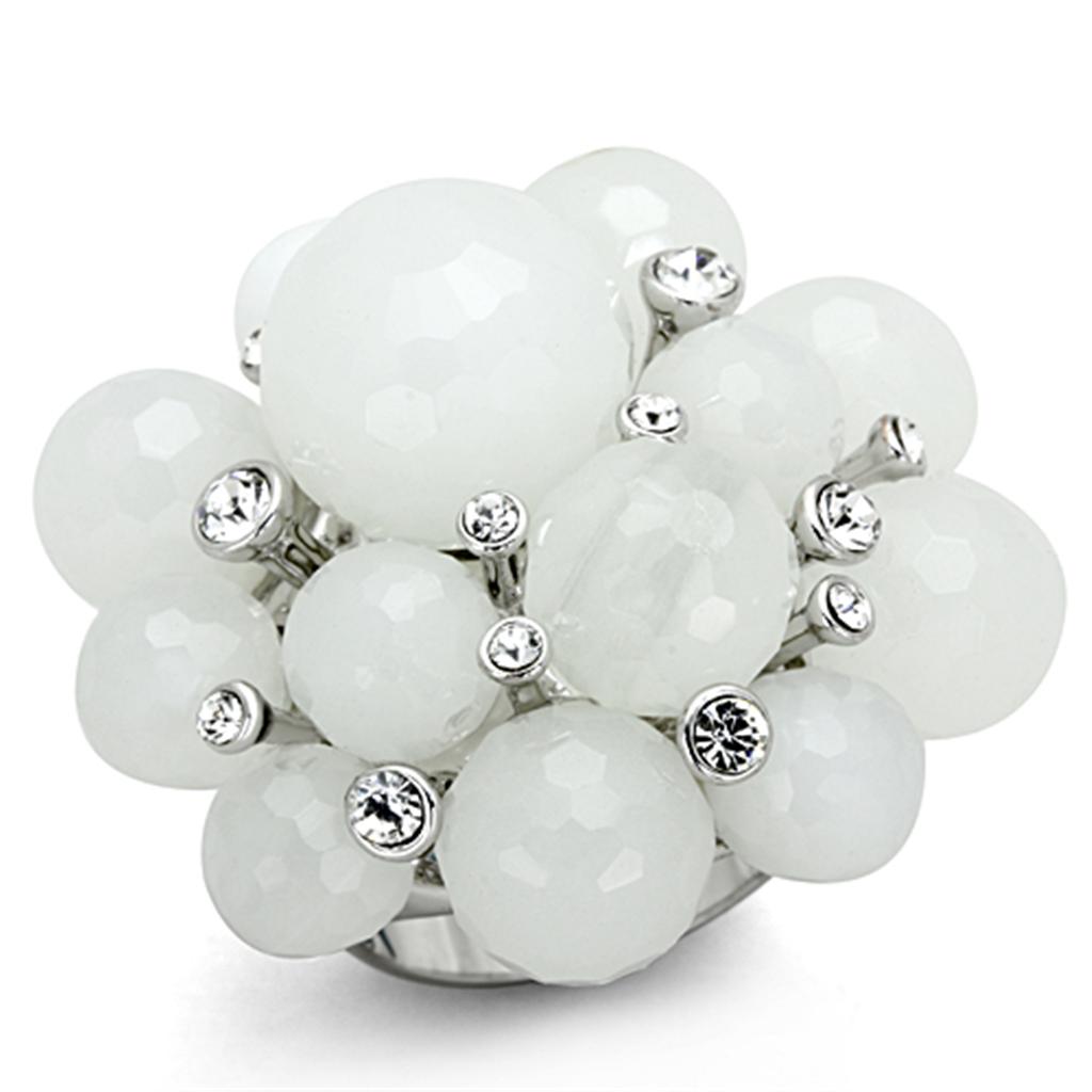 LO3213 - Rhodium Brass Ring with Synthetic Synthetic Glass in White-0
