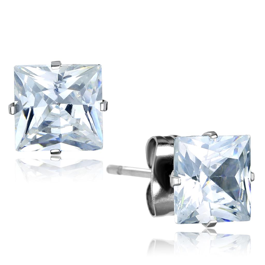 LO3315 - High polished (no plating) Stainless Steel Earrings with AAA Grade CZ  in Clear-0