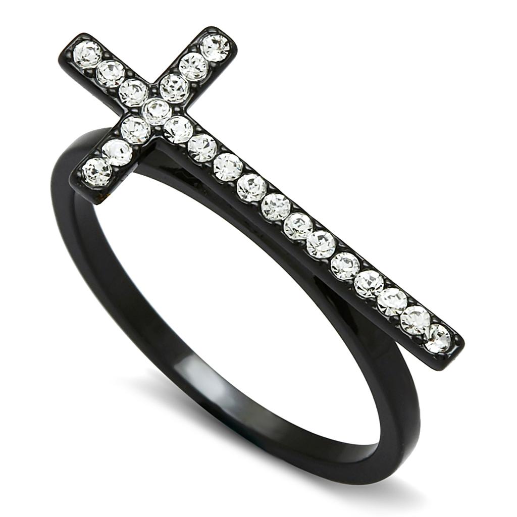 LO3522 - TIN Cobalt Black Brass Ring with Top Grade Crystal  in Clear-0