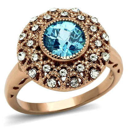 LO3535 - Rose Gold Brass Ring with AAA Grade CZ  in Sea Blue-0