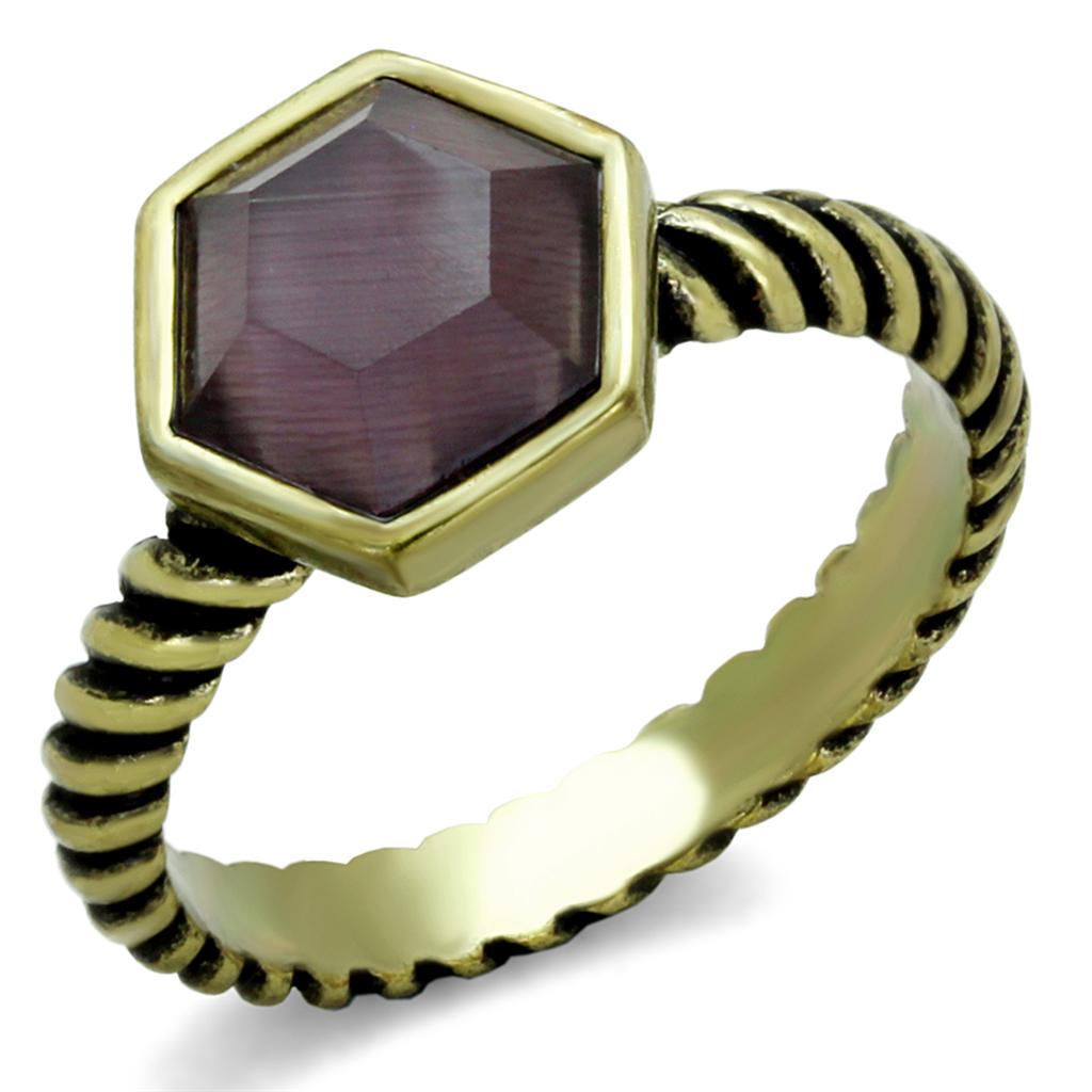 LO3545 - Antique Copper Brass Ring with Synthetic Cat Eye in Amethyst-0