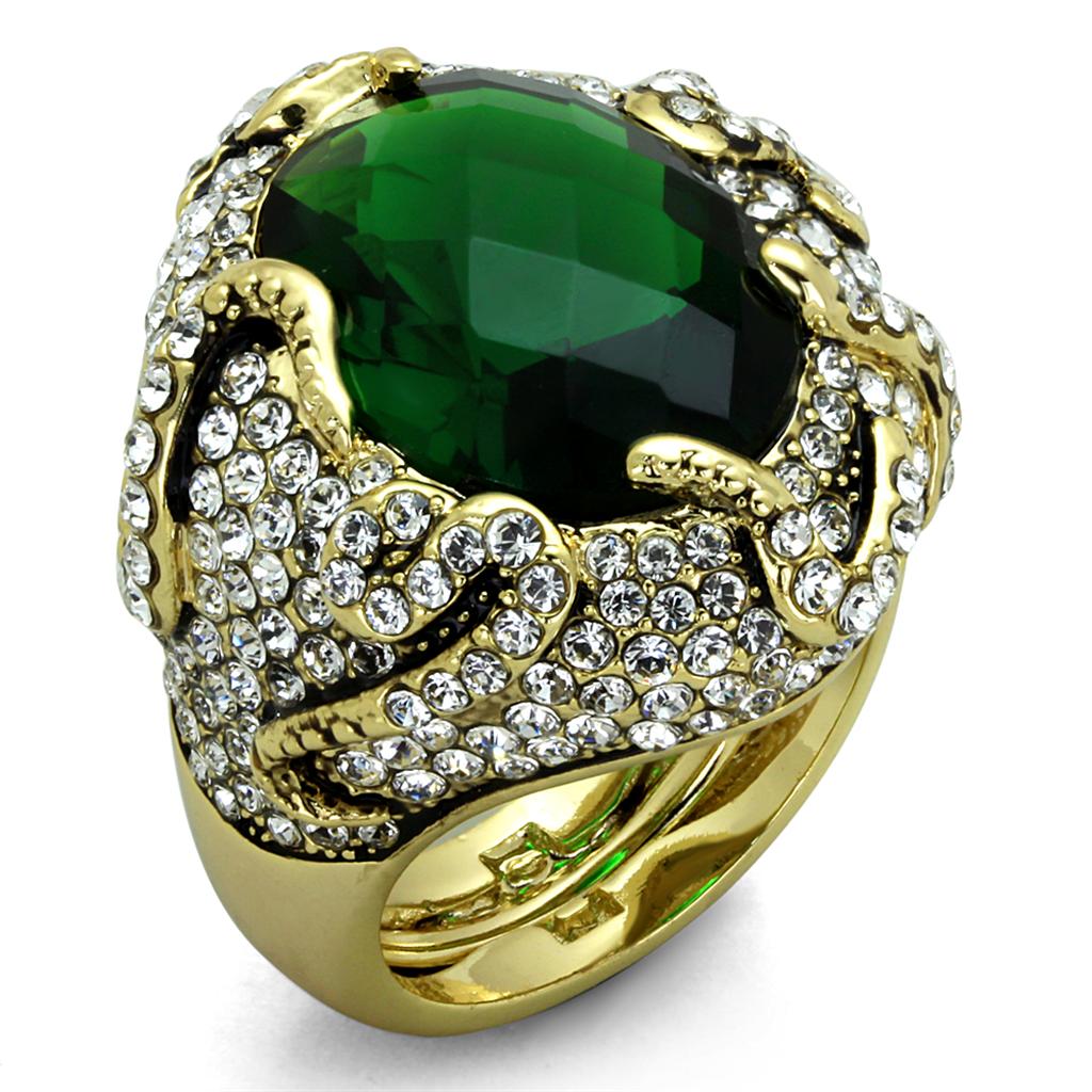 LO3588 - Flash Gold Brass Ring with Synthetic Synthetic Glass in Emerald-0