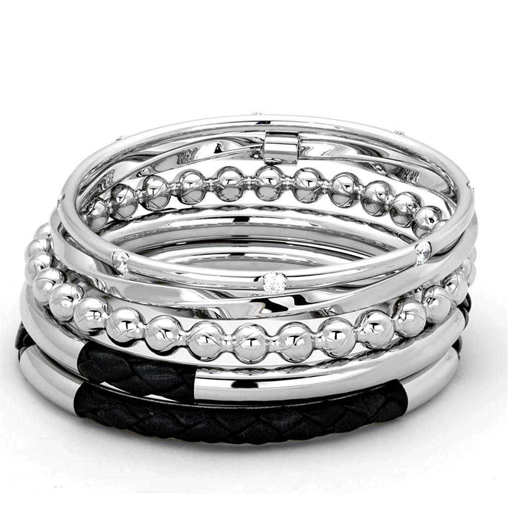 LO3640 - High polished (no plating) Stainless Steel Bangle with AAA Grade CZ  in Clear-0