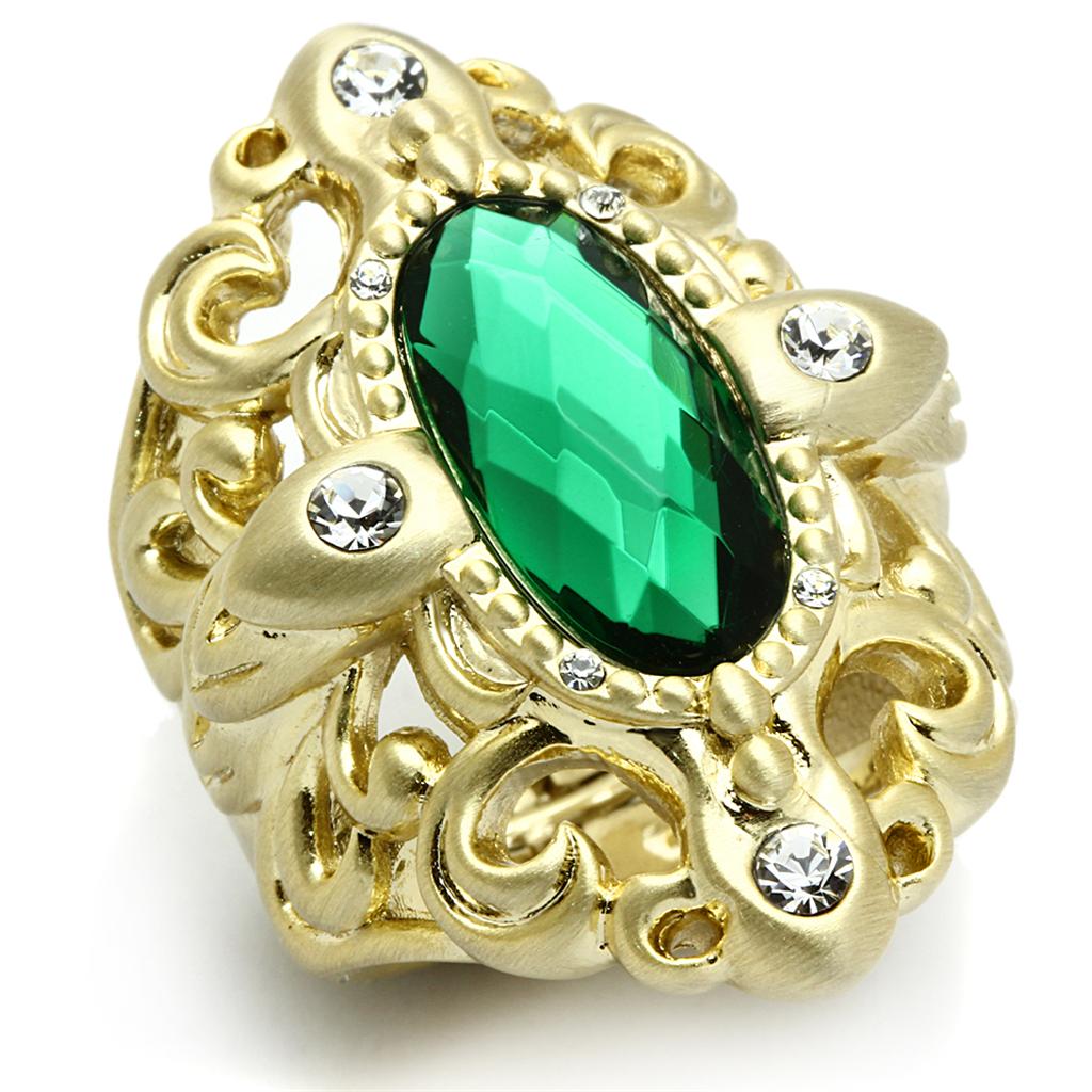 LO3665 - Gold & Brush Brass Ring with Synthetic Synthetic Glass in Emerald-0