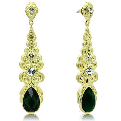 LO3669 - Gold & Brush Brass Earrings with Synthetic Synthetic Glass in Emerald-0