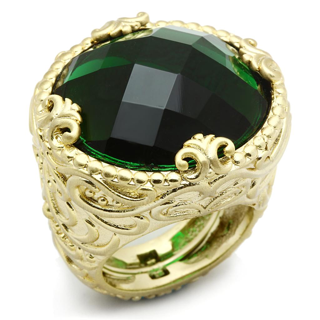 LO3675 - Gold & Brush Brass Ring with Synthetic Synthetic Glass in Emerald-0