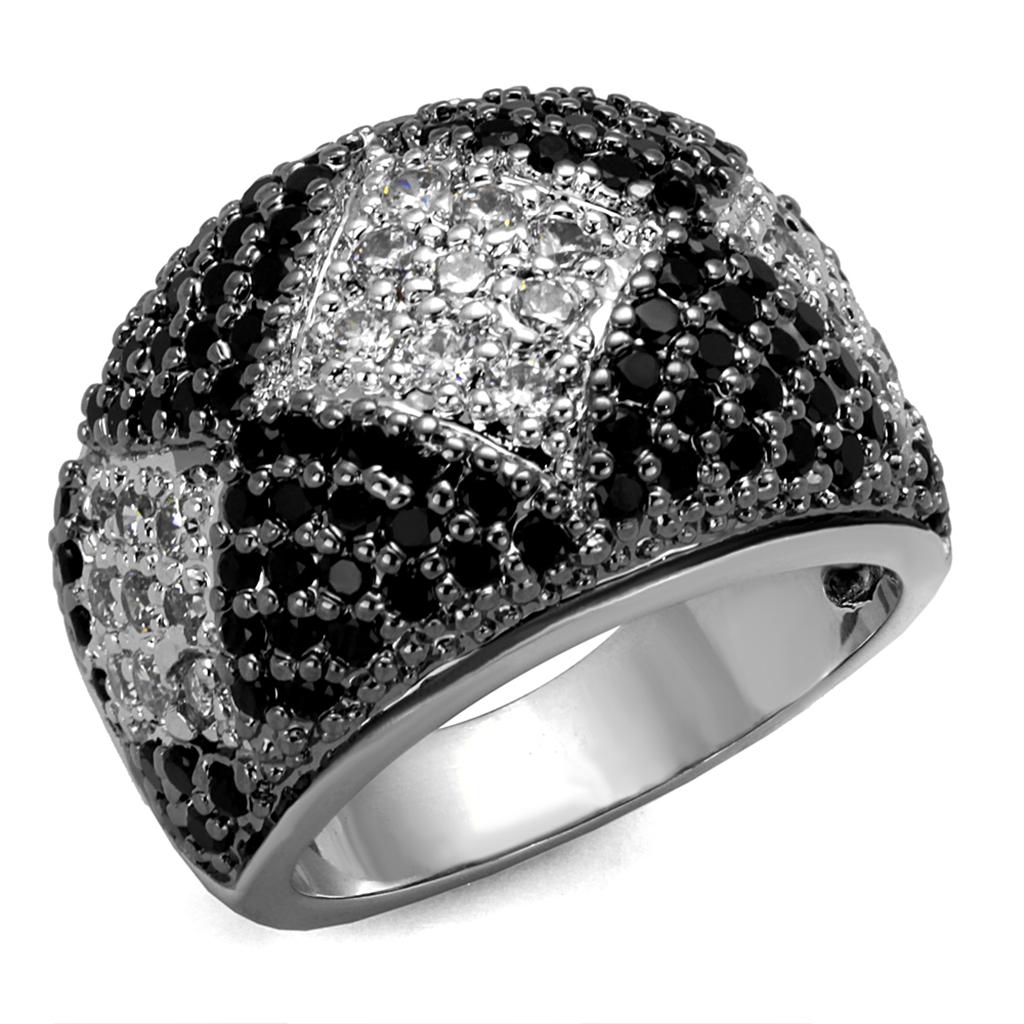 LO3738 - Rhodium + Ruthenium Brass Ring with AAA Grade CZ  in Black Diamond-0