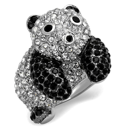 LO3740 - Rhodium + Ruthenium Brass Ring with Synthetic Synthetic Glass in Jet-0